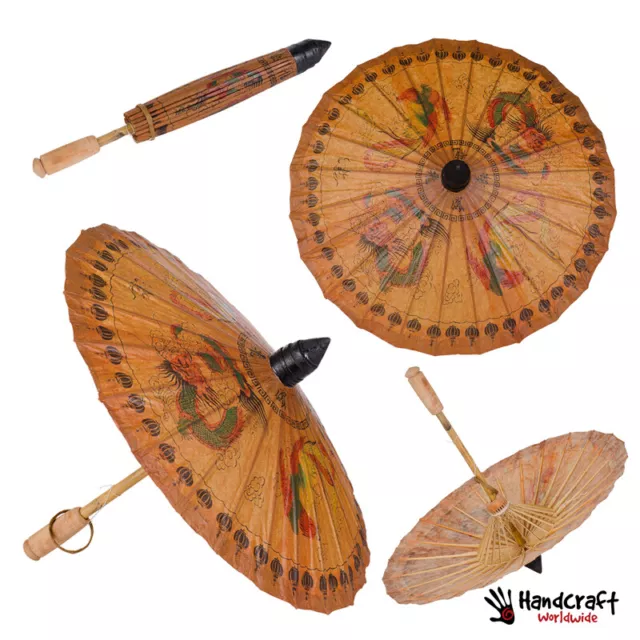 Vintage Parasol Oil Paper Rice Umbrella Asian Japanese Bamboo Art Painted Dragon