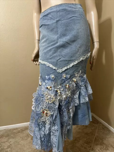 Women’s Light Blue Cotton Denim Stretch Beads Boho Lace Size S (4-6) Skirt SK706