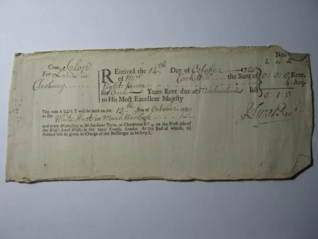 1728 receipt for rent of Crown Land Cleobury Shropshire Cooke family