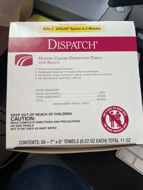 Dispatch Hospital Cleaner Disinfectant Towels with Bleach, 50 Wipes, Exp 11/21