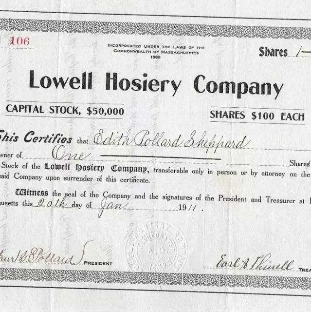 1911 Lowell Hosiery Company Share Stock Certificate Massachusetts MA $100 VTG