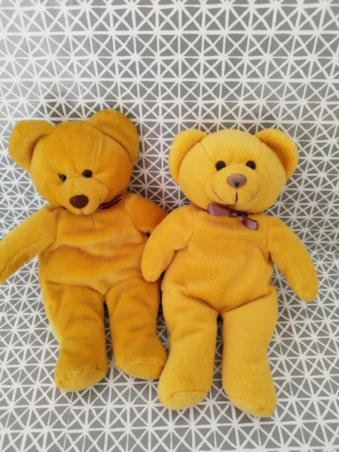 Doudou peluche ours jaune orange noeud satin marron 25 cm Yves Rocher lot de 2