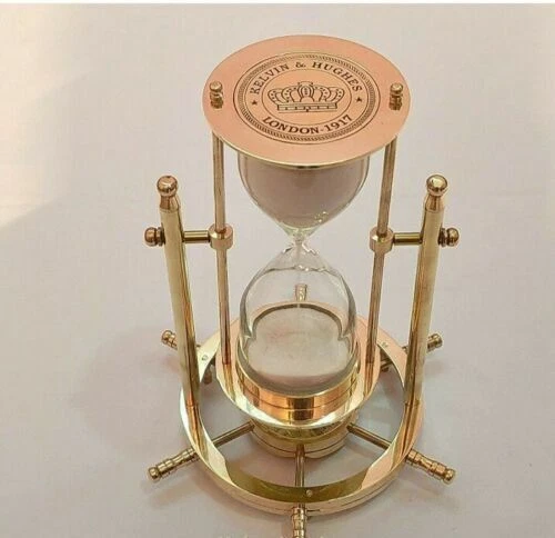 Antique Hourglass Nautical Brass Sand Timer Wheel Compass Base & Hanging Decor