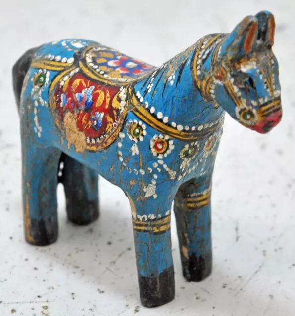 Tallado a Mano Madera Pequeño Caballo Estatuilla De Rústico Pintado Azul