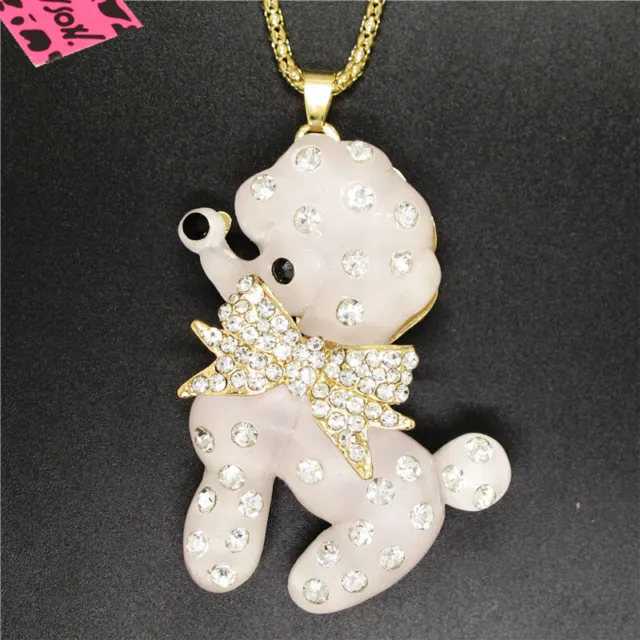 New Betsey Johnson White Resin Dog Bow White Crystal Pendant Chain Necklace