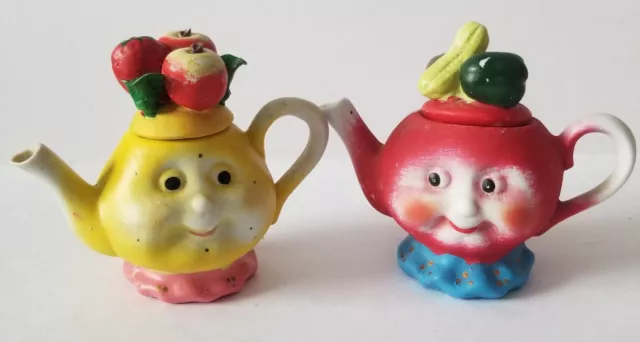Vintage Set Of 2 Anthropomorphic  Ceramic Miniature Tea Pot Shaped Lidded Figure