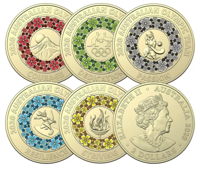 2020 $2 Tokyo Olympic Team Set 5Pc Australian Two Dollar Coloured Coin Rare Circ