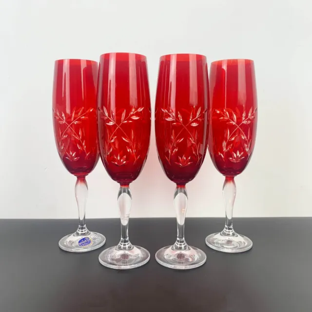 Bohemia Czech Crystal Red Cut Crystal Champagne Flute Set of 4 Red Flute