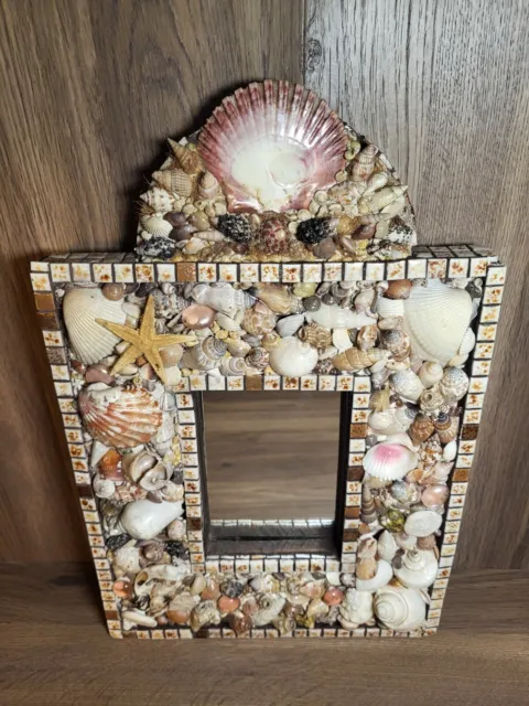 Seashell Tile Mirror Handmade Signed JUDY 2014 Nautical Beach Mermaid