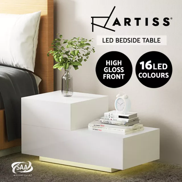 Artiss Bedside Tables Drawers Side Table RGB LED Gloss Nightstand White REMI