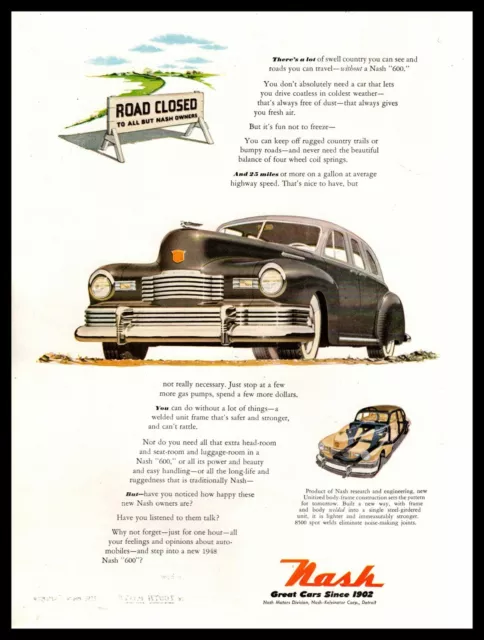 1948 Nash 600 4-Door Sedan "Road Closed To All But Nash Owners Sign" Print Ad