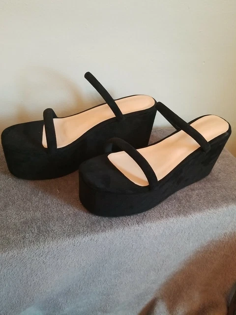 NEW Black Suede Frankenstein Platform Wedge 2 Strap Sandals Women's Size 11