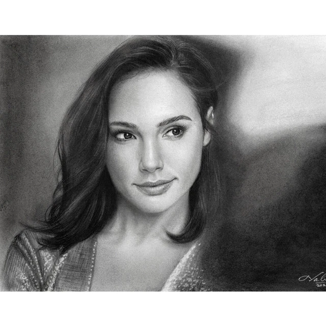 GAL GADOT ORIGINAL réaliste dessin au crayon Fan Art crayons de charbon