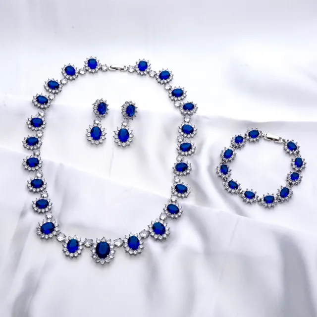 Lujo Princesa Diana 3 Pieza Set de Joyería Deep Blue y Transparente Circonita