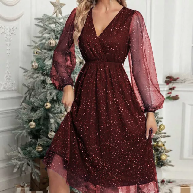 Womens Elegant V Neck See Through Mesh Long Sleeves Slim Patchwork Party Dress