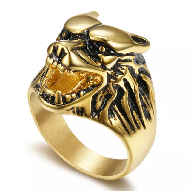 Gold Plated Wolf Dog Head Stainless Steel Men's Craft Ring M49