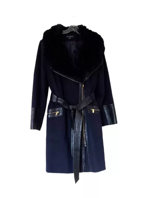 Via Spiga Women's Kate Middleton Coat Navy Blue w/ Black Trim Faux Fur Plus  20W