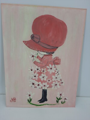 Sweet 1975 Vintage Original Painting On Canvas Pink Girl Bonnet Flowers 12 X 16