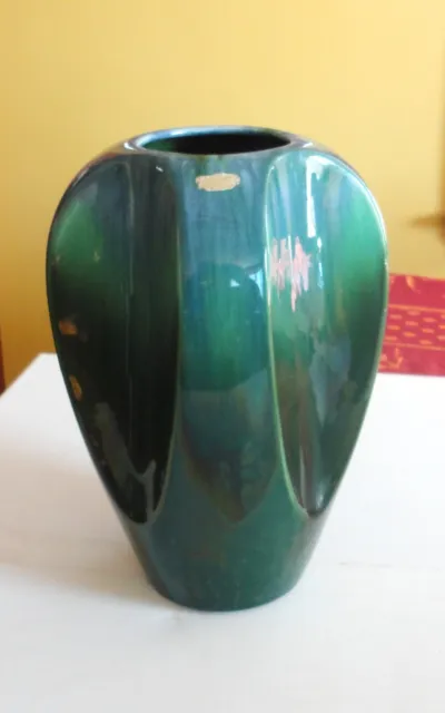 Midcentury Modern 11" Royal Haeger Blue Green Drip Glaze Vase 4 Concave Sides