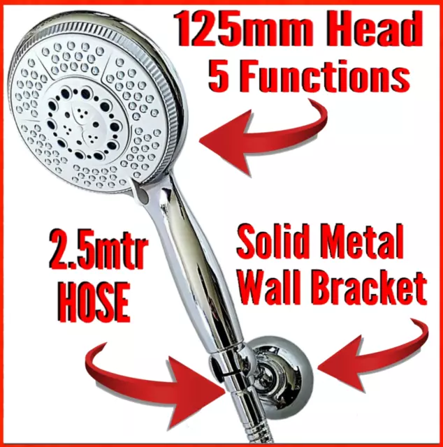 5 Mode Universal Chrome Shower Head, 2.5mtr SS Hose & Metal bracket Set Save 50%