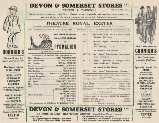 Peggy Burt "PYGMALION" John Wentworth / Bernard Shaw 1945 Exeter England Program 2