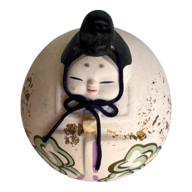 Vintage Japanese Round Clay Bell HandPainted Lady in Black Hat Bonnet Woman Doll