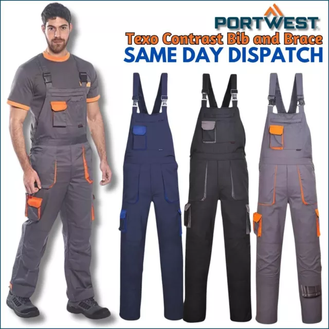 PORTWEST Men's Texo Contrast Bib and Brace Coverall Overall Safety Workwear TX12