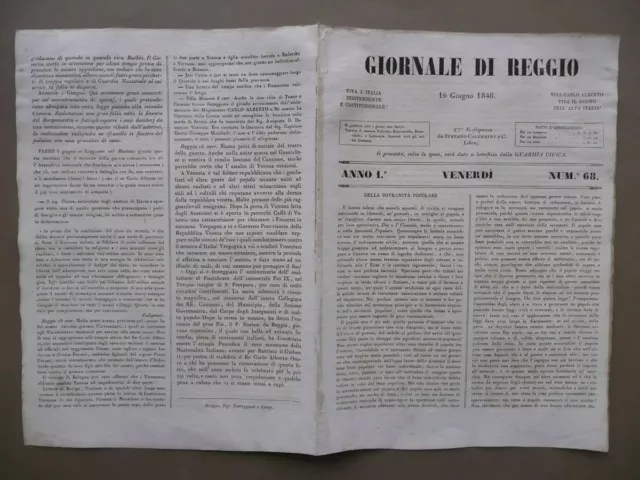 Giornale di Reggio 16 Giugno 1848 N.68 Presa Vicenza Manin Risorgimento Storia