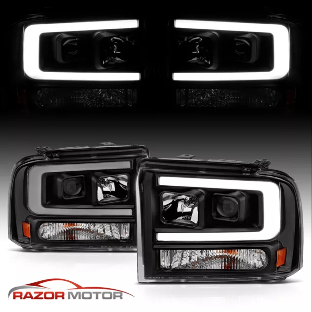 [LED Bar]2005 2006 2007 For Ford Super Duty F250/F350/F450/F550 Black Headlights