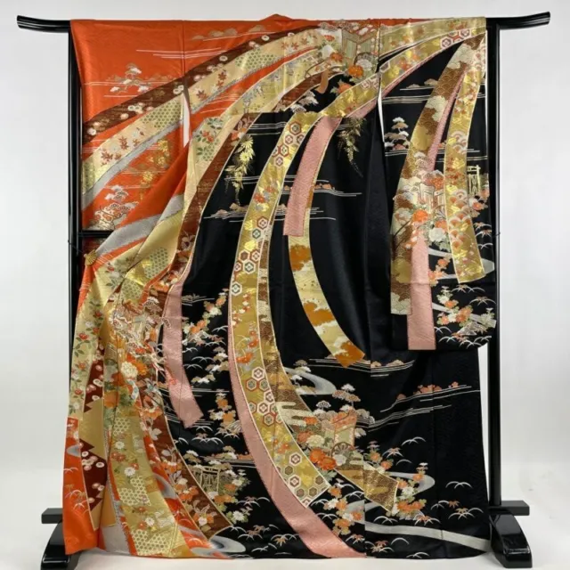 Woman Japanese Kimono Furisode Silk Noshi Goshoguruma Gold Foil Orange 173cm