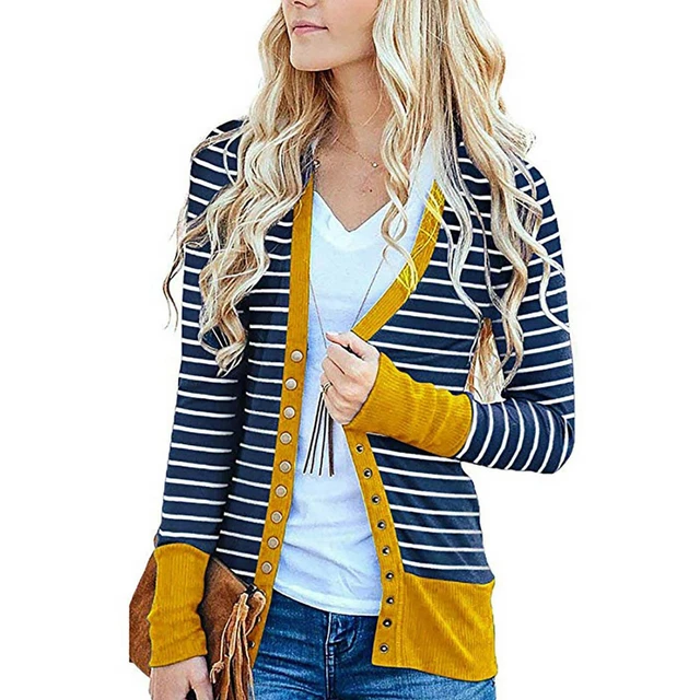 Women Ladies Cardigan Striped Stitching Long Sleeve Cardigan Jacket Tops Coat ェ