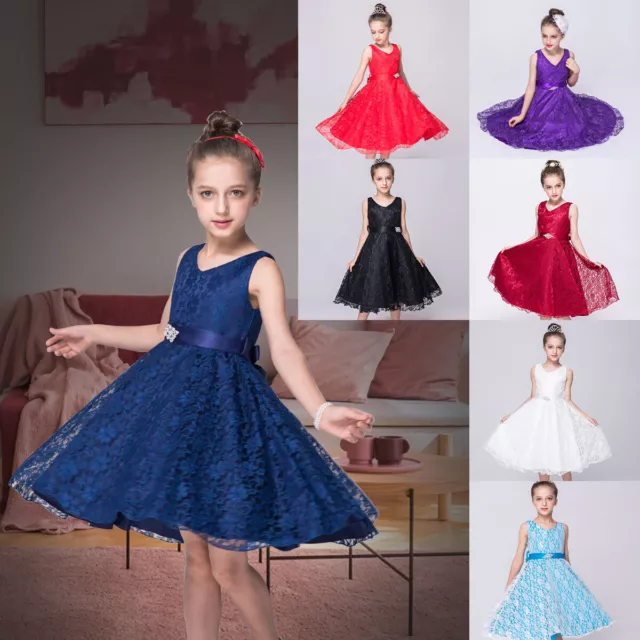 Kids Flower Girls Formal Dress Princess Party Lace Sleeveless Gown Dresses UK