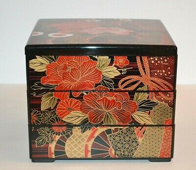 Vintage Japanese 3 Tier Trinket Jewelry Bento Box Black Lacquer