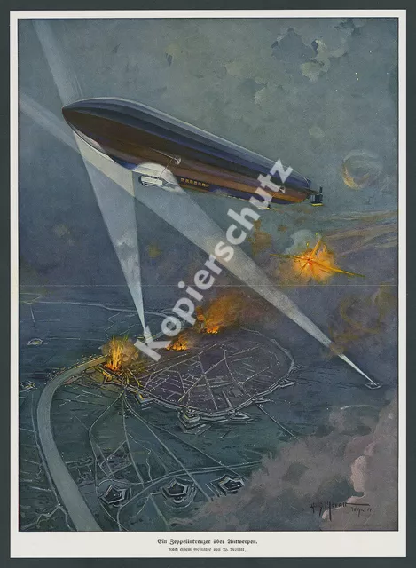 W. Moralt Kaiserliche Marine Zeppelin LZ 17 „Sachsen“ Luftangriff Antwerpen 1914