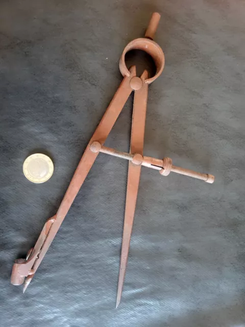 Ancien grand compas porte-crayon en Fer Outil d'artisan Instrument De Mesure