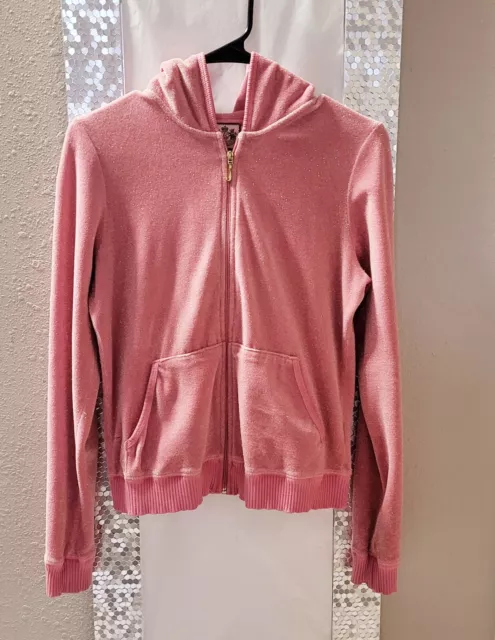 JUICY COUTURE Pink Hoodie Zip Y2K Sportswear Size L Gold Sparkly Terry Cloth