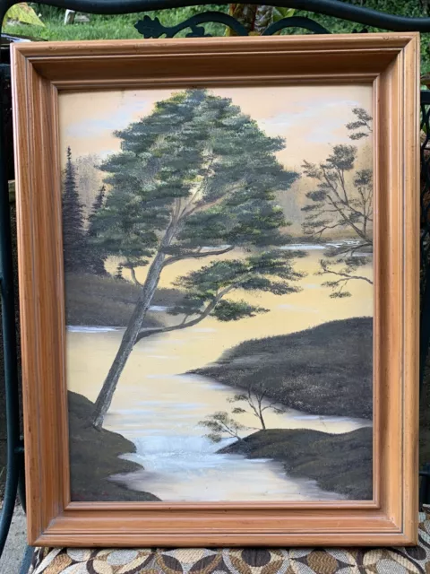 Vintage Hand Painted Painting~Light Wood Frame~Signed~Lake House~16” X 20”~Gift