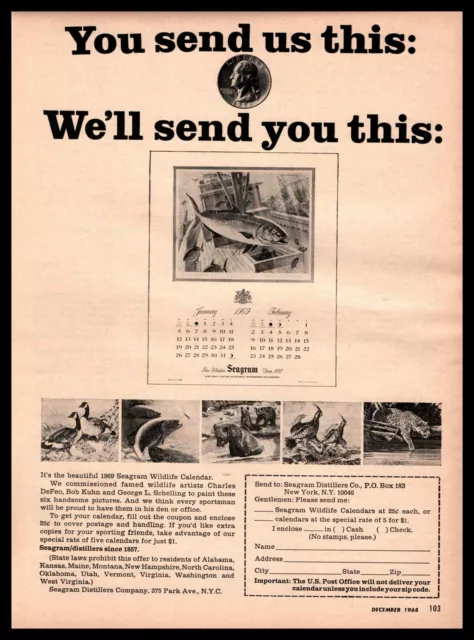 1968 Seagram's Distillers Hunting And Fishing Calendar for 25¢ Vintage Print Ad