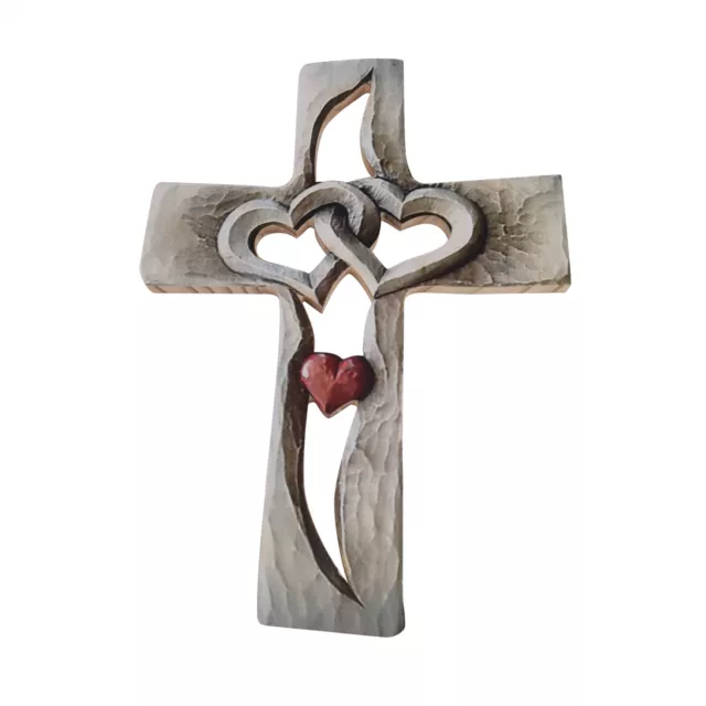 fr Carved Wooden Cross Entwined Hearts - Decorative Hanging Intertwined Hearts A 2