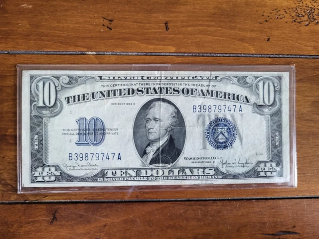 $10 Ten Dollars 1934 D Silver Certificate Blue Seal Blue Ten Circulated