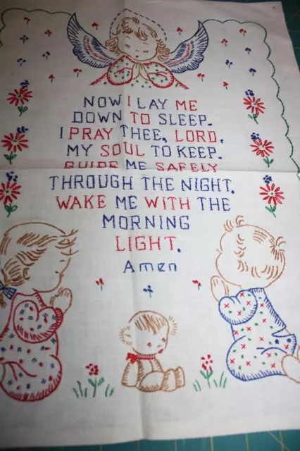 Vtg Sweet Embroidered A Childs Sampler Prayer NOW I LAY ME DOWN TO SLEEP Angel