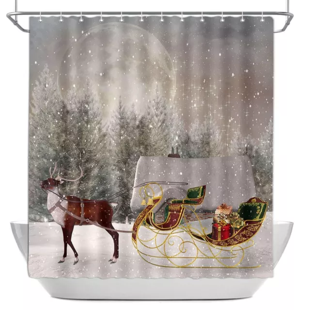 Christmas Eve Shower Curtain Reindeer Carriage with Xmas Gifts Country Farmho...