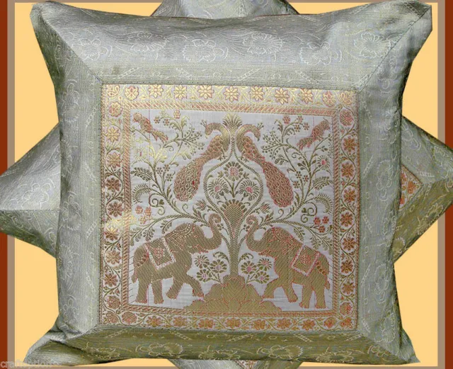 Pair (Two) Of Silk Brocade Pillow/Cushion Cover Silver Color From India ! !