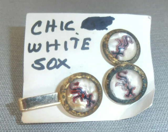 Vintage Chicago White Sox Cufflinks & Tie Clip Set Very Old Baseball