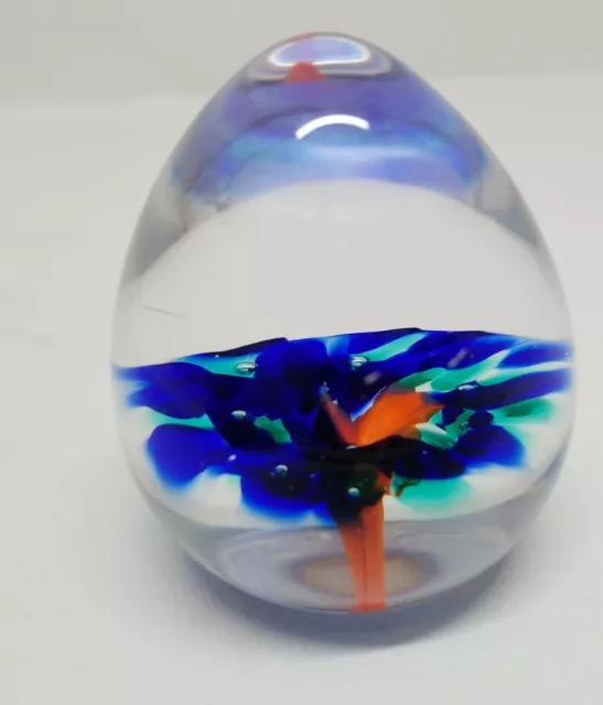 Art Glass Paperweight Small Egg Shaped with Cobalt Blue Green and Orange Flower