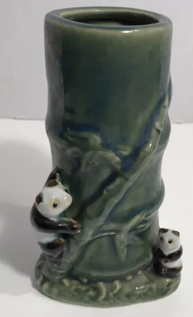 Black White Panda Bear Green Lucky  Bamboo Ceramic Planter Vase over 6" B-280