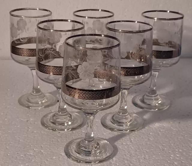 6 x Vintage  70s Dema Small Sherry Glasses with Etched Roses, Silver Band and Ri