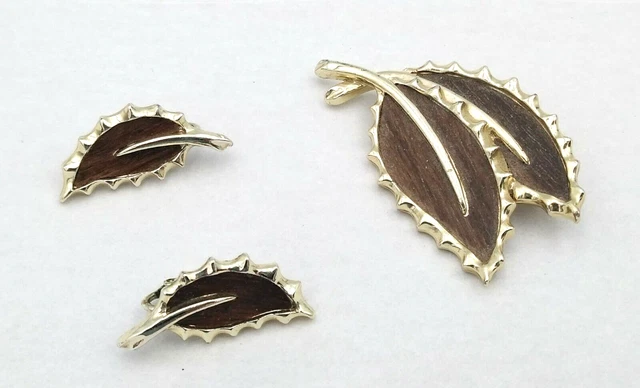 VTG 1960's Sarah Coventry 2.5" Double Leaf Gold Tone Brown Brooch Pin Earrings
