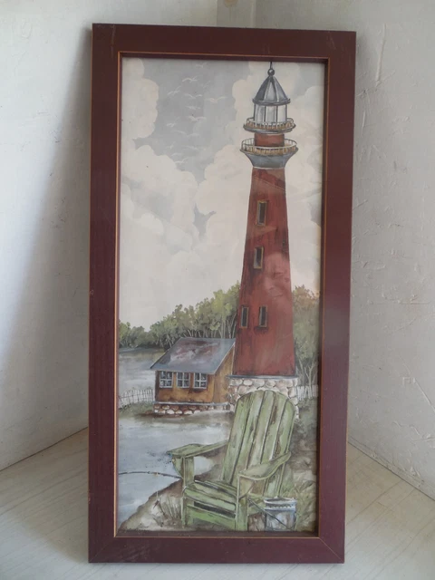 Nautical Lighthouse Theme Wood Framed Print Picture 23" x 11"