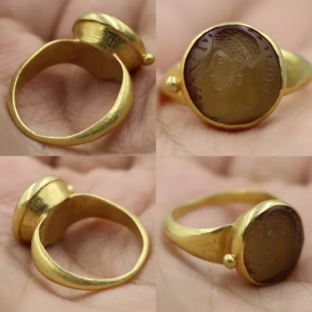 Ancient Roman High Carat 20K Gold Ring With Agate King Portrait Intaglio .